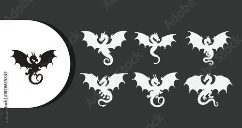 Collection of dragon silhouettes in various poses on dark background