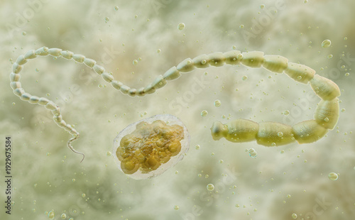 Cuadro en lienzo Dipylidium caninum tapeworm displaying mature strobila proglottids and egg packet with embryos