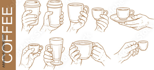 set of icons of various coffees in various cups of different sizes held by human hands in line art style