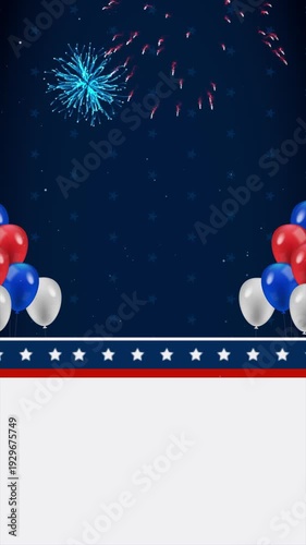 Vertical USA Celebration Background. Red White and Blue Balloons, Fireworks, and Stars for Independence Day, 4th of July Parties, and Festive Holiday Sales