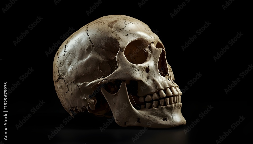 Fototapeta premium A human skull with cracks and damage sits on a black background, illuminated for dramatic effect.