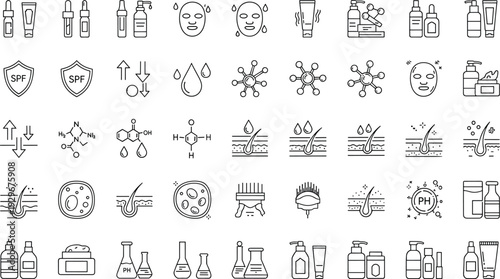 Comprehensive Skincare and Dermatology Line Art Icons Featuring SPF Protection Skin Cross-Sections and Beauty Product Packaging
