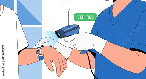 Doctor scanning patient's wristband for verification in hospital, medical technology