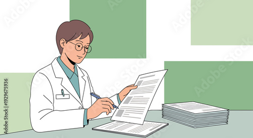 Doctor reviewing medical records and charts at desk, healthcare professional documentation