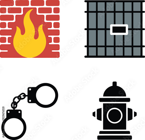 Fire jail handcuffs and a fire hydrant icon.