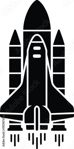 Space shuttle launching with fiery exhaust.