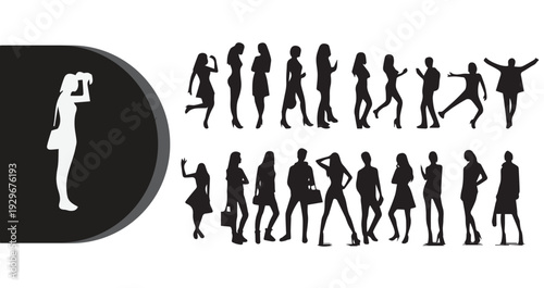 Diverse group of people silhouettes in various poses and outfits