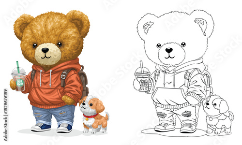 Hipster teddy bear with backpack, coffee, and cute pet dog.
