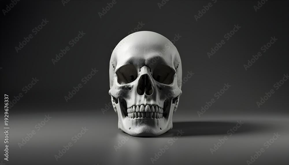 Fototapeta premium A human skull sits alone on a dark gray surface with a shadow cast behind it