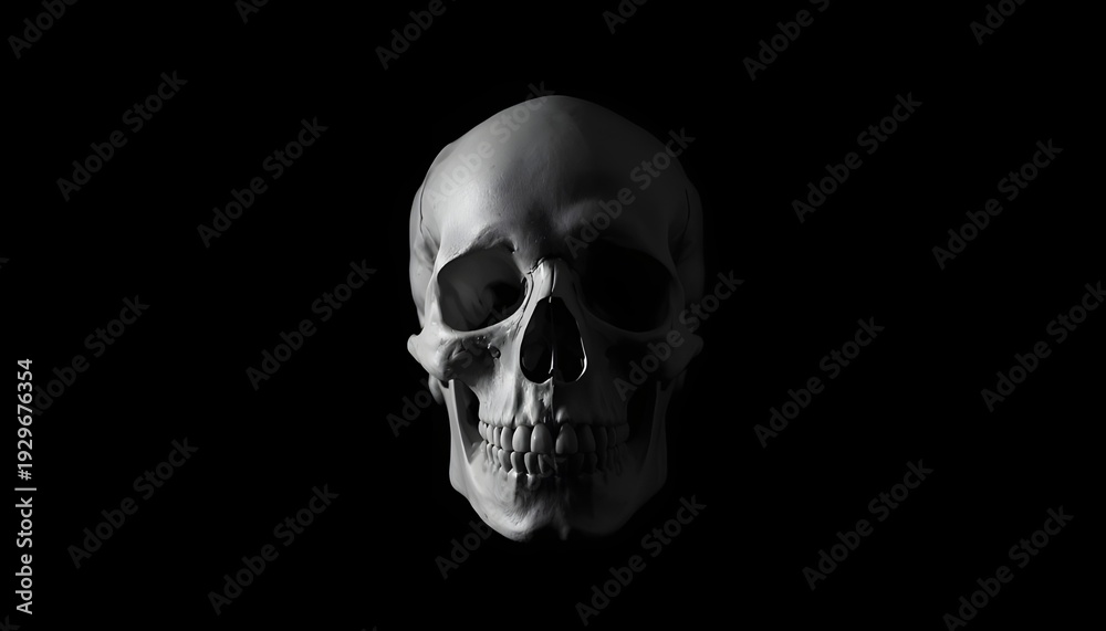 Fototapeta premium A grayscale image of a human skull on a black background