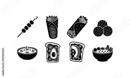 Black and white illustration of various street food and snack items