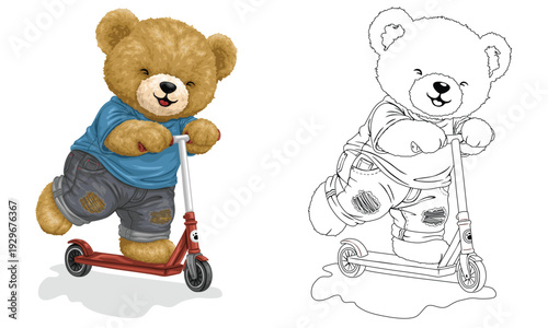 Happy teddy bear with red kick scooter.