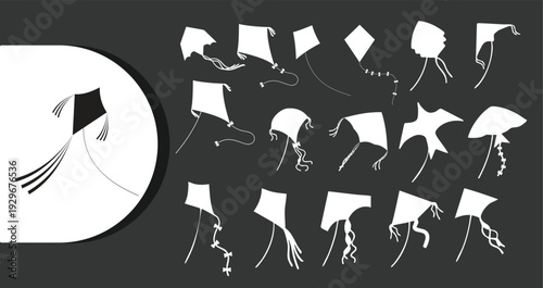 Collection of modern kite designs in white on dark background