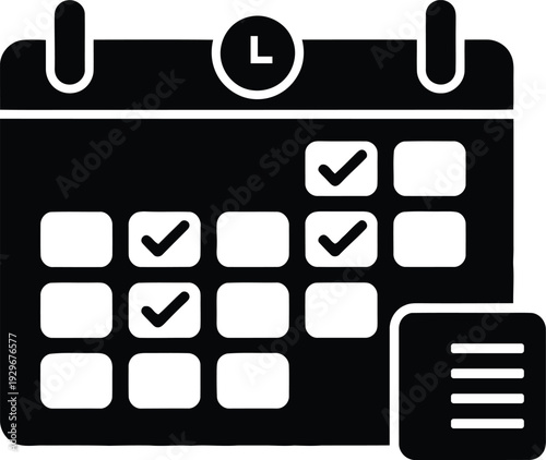 A black and white icon of a calendar with checkmarks