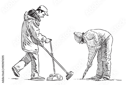 Two street cleaners, janitors at work outdoors, realistic sketch, vector hand drawn illustration isolated on white background