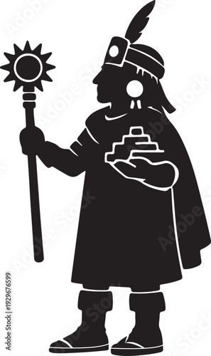 Vintage vector illustration of a Victorian lady warrior in a retro dress and hat standing like a statue beside a silhouette of a cartoon man with a sword