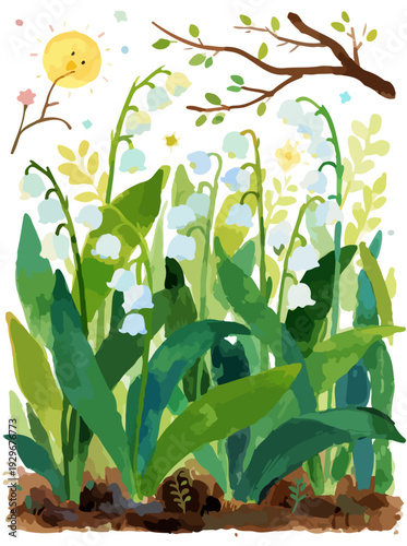 hand-drawn watercolor illustration of lily of the valley in a spring garden. lily of the valley blooming in a spring meadow