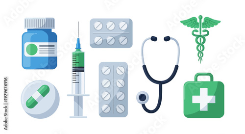 Essential Medical Tools & Healthcare Supplies Vector Icons Set: Pills, Syringe, Stethoscope, Caduceus, First Aid Kit