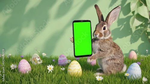 Adorable brown rabbit presents a mobile phone with a chroma key screen for your app. Easter holiday scene with painted eggs in green grass for a seasonal marketing banner