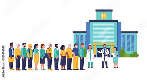 Diverse Patients Queueing for Medical Care at Hospital, Assisted by Doctor and Nurse
