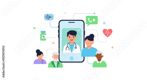 Telehealth Online Doctor Consultation via Mobile App. Digital Healthcare Services, Remote Medical Appointments, and Virtual Patient Care for Diverse Users.
