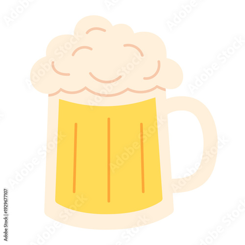 Beer mug illustration with foam in flat style. Irish festive drink for St. Patrick celebration, Oktoberfest, party decor, pub print and holiday design. Vector. Hand drawn. Isolated white background.
