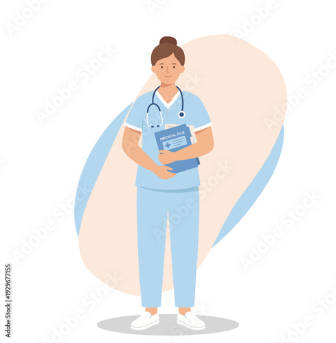 Nurse woman character wearing professional uniform holding file. Healthcare medical staff stock illustration