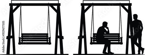 Garden porch swing silhouette set, park bench hanging on chains, cad drawing flat vector illustration, man.
