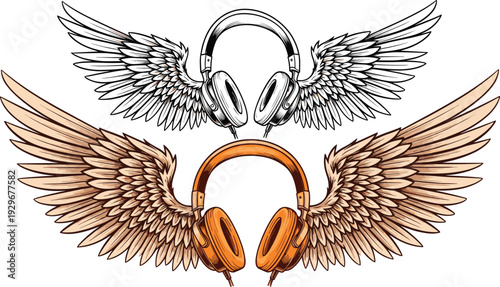 Hand drawn illustration of headphones with large feathered wings in outline and orange styles, music freedom, audio equipment, and flying.
