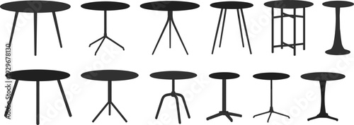Set of black round table silhouettes, various furniture icons for interior design, coffee and dining tables isolated on white background