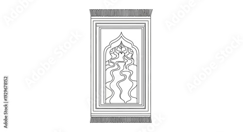 Vertical Islamic prayer mat with intricate abstract mihrab design and fringe on an isolated white background.