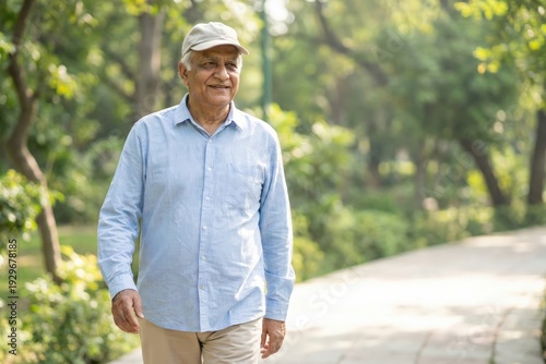 Indian Senior Man Walking in Park During Summer Morning – Active Retirement Lifestyle
