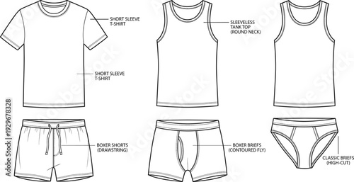 Men underwear and apparel fashion technical sketch cad drawing flat vector illustration with apparel garment pack