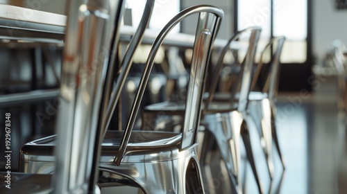 A photo of sleek metal chairs in a modern restaurant.