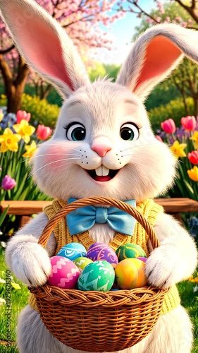 Easter bunny holding colorful eggs in basket, outdoors in garden with flowers