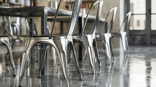A photo of sleek metal chairs in a modern restaurant.