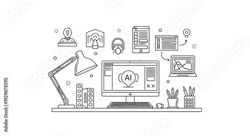 Modern Creative Workspace Desk Setup with Computer and Design Tools Line Art on Isolated White Background