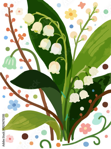 hand-drawn illustration of lily of the valley and spring flowers.stylized illustration