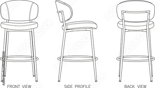 Modern bar stool furniture cad drawing flat vector illustration with front side and back views