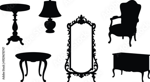 Antique furniture silhouettes set with ornate mirror, vintage armchair, table and lamp isolated on white background