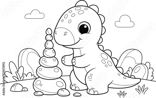 a charming illustration depicts a cute cartoon dinosaur carefully stacking rocks into a tall tower amidst clouds and plants high quality