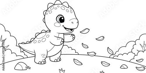 a charming black and white illustration depicts a cute baby dinosaur playing amongst falling leaves and a simple landscape high quality