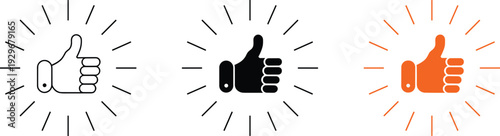 Thumbs up icon set with sunburst lines in outline, black silhouette, and orange styles, representing success, approval, like, and positive feedback.
