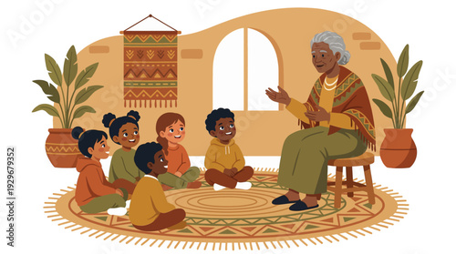 African American grandmother telling folklore story to diverse children sitting on rug, cultural heritage vector