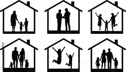 Vector silhouette collection of diverse families inside house frames, featuring parents, children, couples, and joyful home life activities for real estate.