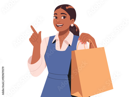 Smiling Woman Holding Shopping Bag and Pointing Upwards with Index Finger in Blue Apron