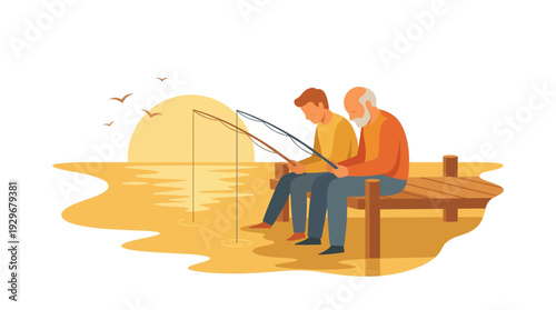 Grandfather and grandson fishing together on wooden pier at beautiful sunset, multi generation family bonding vector