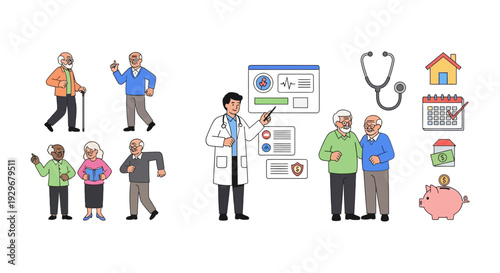 Senior Healthcare & Retirement Planning Illustrations: Elderly People, Doctor Consultation, Financial Management Icons
