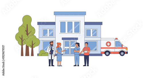Doctor, Nurses, Patient with Arm Sling, and Ambulance Outside Modern Hospital Building - Healthcare Service Illustration