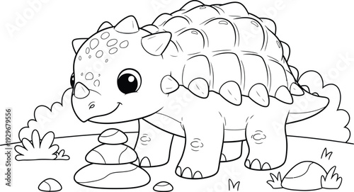 a charming line art illustration depicts a cute ankylosaurus dinosaur happily stacking rocks near some simple foliage high quality professional detailed